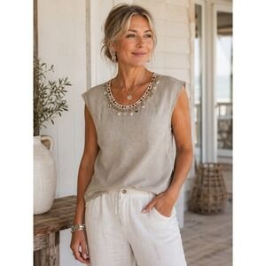 Lintico Coastal Grandma Top Women Small Cream Linen‎ Shell Embellished NWT